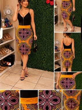 Maeve Yellow & Black African Print Pencil Skirt # 212